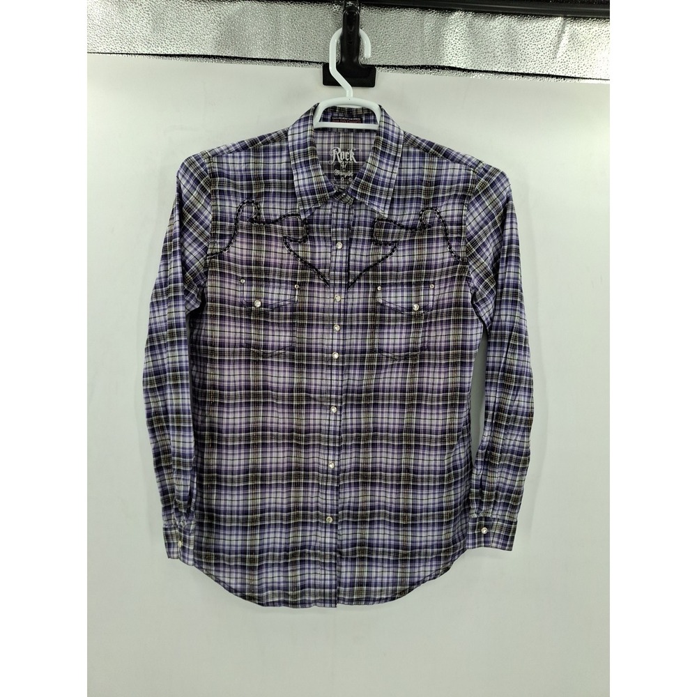 Wrangler Rock 47 Pearl‎ Snap Womens Purple Check Print Large Western Shirt